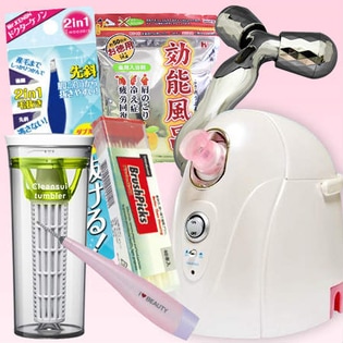 美容福袋7点セット【イオニック美顔スチーマー、プレミアム電子ローラー、クリンスイ浄水タンブラー、ヒートアイラッシュカーラー、ドクターケノン、ブラッシュピックス、効能風呂1kg】