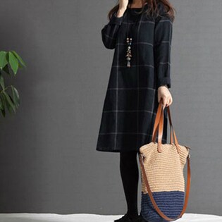 【M/ブラック】ウィンドウペンチェック長袖ワンピース