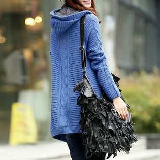 ブルー】編み込みフード付ニットコートを税込・送料込でお試し