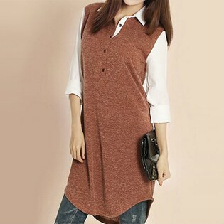 【ブラウン】春色レイヤード風ロングシャツ