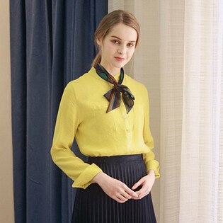 Miss R GOLD ポイントスカーフ付きorリボン結び フロントポケット 長袖シャツ・ブラウス レディース(3色) / sh321-yellow-free