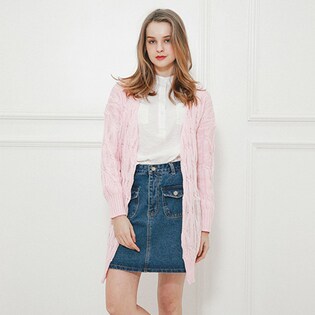 Miss R GOLD ケーブル編み 春ニット/カーディガン パステルカラー/ロングカーディガン/ニットガウン レディース (4色) / sw325-pink-free