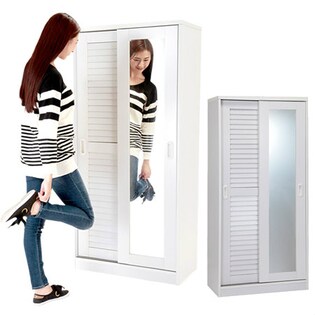 【ホワイト】ミラー付ルーバー扉大量収納シューズボックス(0323730)