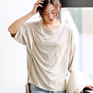 Tシャツ レディース フェイクスエード とろみ カットソー 5分袖 ワイド スリット トップス / 6000435-003-030 / ベージュ / M