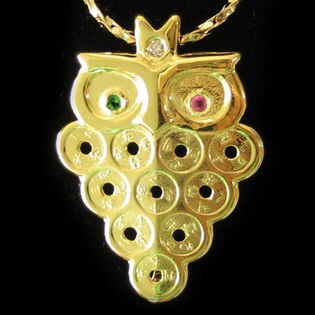 ふくろう揺銭樹金運ペンダント（天然ダイヤ・ルビー・エメラルド使用/シルバー925）金色