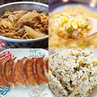 吉野家牛丼3食＋炒めチャーハン3袋＋肉餃子50個＋高菜炒飯3袋