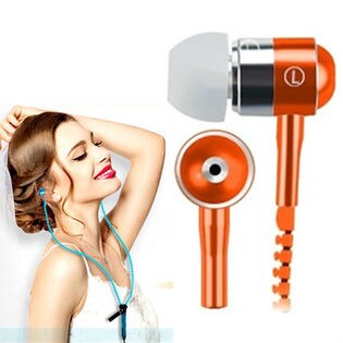 【オレンジ】ジッパーイヤフォン ファスナーイヤホン マイク内蔵 コードが絡まない