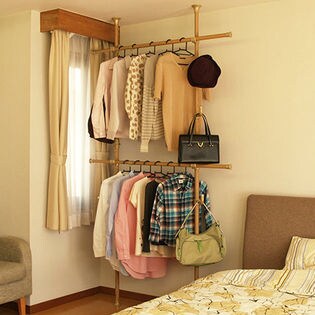 突っ張り ポールハンガー2段(バー2本とフック6個付/木目調ナチュラル)/WJ-130NA