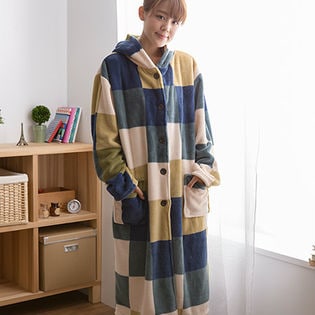 【チェックグリーン】mofua プレミマムマイクロファイバー着る毛布 フード付ルームウェア 着丈:110