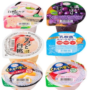 ゼリー6種セット(くだもの屋さん[いちごヨーグルトデザート／杏仁豆腐みかん]／濃いしぼり ぶどう／乳酸菌スマートゼリー／ごろっと果実 大ぶりカット白桃／カロリコカロリカ デザート 白桃ミルクプリン)