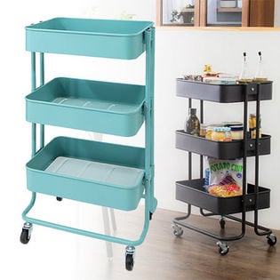 【ターコイズブルー】キャスター付きキッチンワゴン 3段