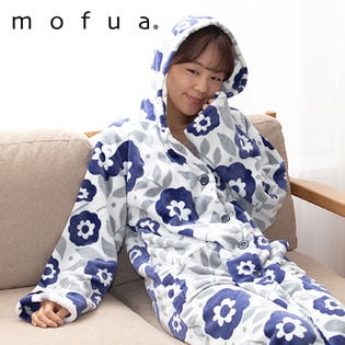 花柄ネイビー]mofua プレミアムマイクロファイバー着る毛布 フード付 