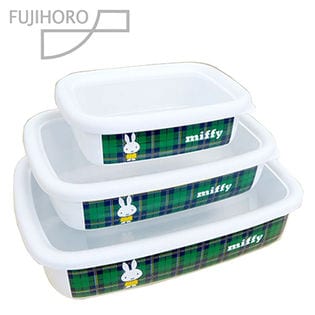 [浅型3点セット/S/M/Lサイズ]FUJIHORO/ミッフィー 琺瑯製 角容器(チェックグリーン)/MFN-3SF・G