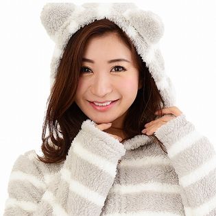 【ボーダーグレー】ルームウェア レディースパーカー クマ耳 上下セット