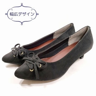 レースアップデザインローヒールパンプス / 8203 / ブラックスエード調 / 23.0cm