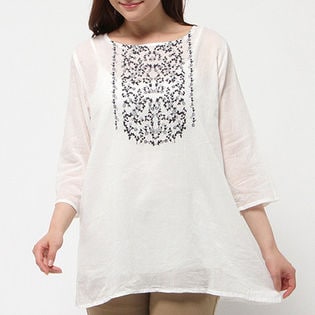 【ベルメゾン】7分袖配色刺繍ブラウス x1Fa9 / E56016 / オフホワイト / 4L