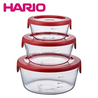 [レッド]HARIO(ハリオ)/耐熱ガラス製保存容器丸3個セット/SYTN-2518-R