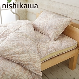 西川/羽毛入り 合繊布団 3点セット (羽毛入り掛け布団×1/マチ付き軽量敷き布団×1/まくら×1)/シングルロングがわ生地に抗菌加工