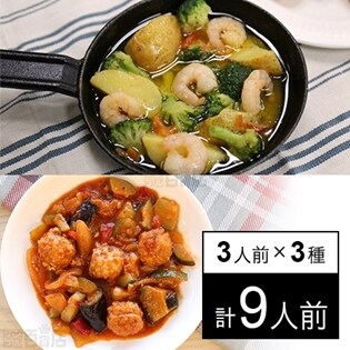【冷凍】3人前×3種 ミールキット(トマトペンネ、ラタトゥイユ、エビとポテトのアヒージョ)ストックキッチン洋食3種セット