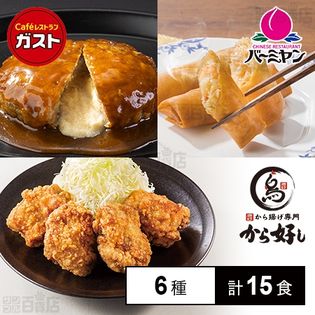 [冷凍]【6種計15食】すかいらーく人気セット(ガスト ハンバーグ/から好し からあげ/バーミヤン 餃子/炒飯/海老春巻/ジョナサン メキシカンピラフ)