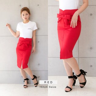 【レッド 3Lサイズ】ウエストリボンタイトスカート