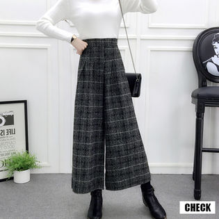 【200円クーポン対象】【チェック Lサイズ】ウエストゴムタック入りガウチョパンツ