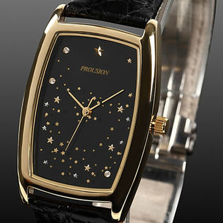 PROUSIONプラウシオン クロコベルト/ダイヤ3個 純日本製三針腕時計/天の川ゴールド