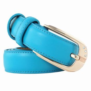 【ライトブルー】レディース ゴールドの金具が上品 柔らかくしなやかな レザー 細 ベルト