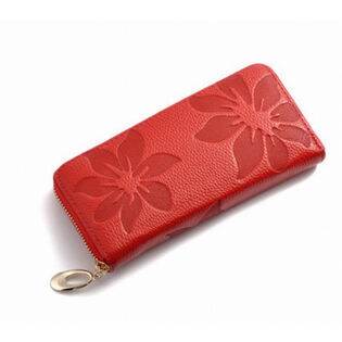 【レッド】花柄牛床革ラウンドファスナー長財布【vl-5152】