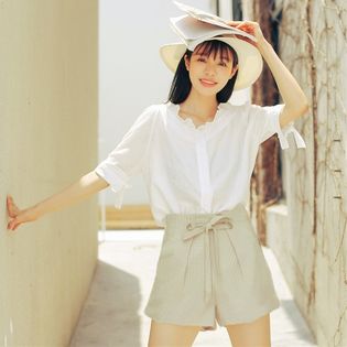 ベージュ M チェック柄ウエストリボンショートパンツ 7373を税込 送料込でお試し サンプル百貨店 Zoe Jenko