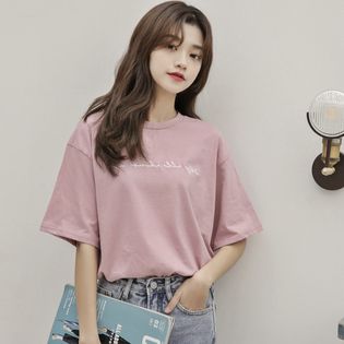 【ピンク/F】シンプル英字ロゴ刺繍プルオーバー　7330