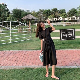 【ブラック】セクシー 肌見せ カジュアル 春夏 ウエストクロス バックリボン ワンピース 7432