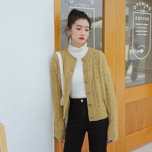 【マスタード/F】ケーブル編みニットカーディガン　7766