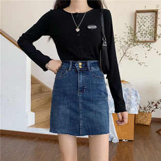 【ブルー/M】カットオフデザイン台形デニムスカート　7753