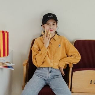 【マスタード/F】アニマル刺繍 薄手 コーデュロイシャツ　 7758