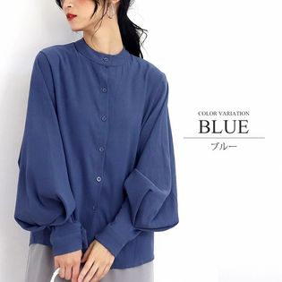 【ブルー・XL】バルーンスリーブクルーネックシャツ