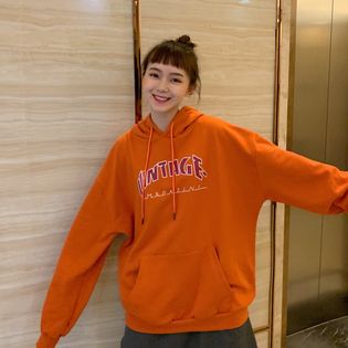 オレンジ】レディーストップススウェットフーディー長袖トレーナー