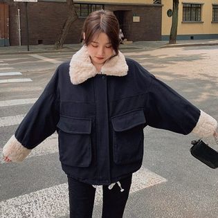 【ブラック/L】レディース長袖トップスアウターコートブルゾンシンプル ボアジャケット