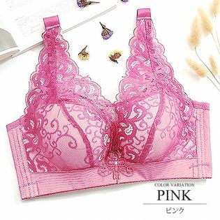 【ピンク90AB】ノンワイヤー花柄レースブラジャー