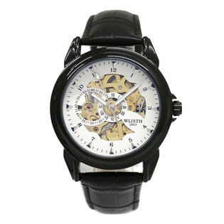 自動巻き腕時計 シンプル機能のスケルトンデザイン ブラックケース 革ベルト WSA027-WHT