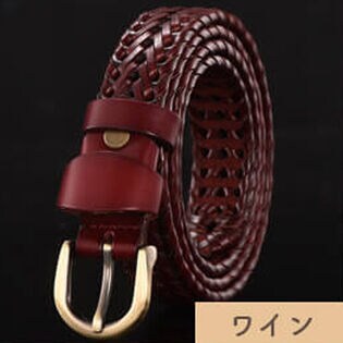 【ワイン・女性用110cm】メッシュ レザー ベルト 編み込み 牛革 革 ベルト ビジネス
