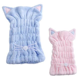 【ブルー+ピンク】可愛い猫耳デザインのタオルキャップ