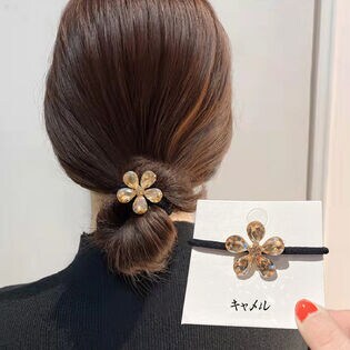 【キャメル】キラキラフラワーモチーフ  ヘアゴム