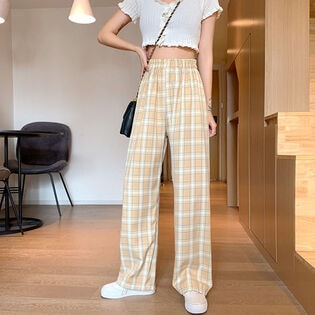 【キャメル】チェック柄 ウエストゴムストレートパンツ