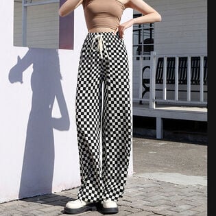 【タイプA/ブラック】ウエストゴム 柄ワイドパンツ