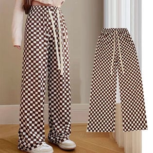 【タイプA/キャメル】ウエストゴム 柄ワイドパンツ