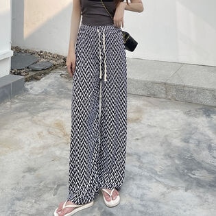 【タイプB/ブラック】ウエストゴム 柄ワイドパンツ