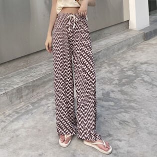 【タイプB/キャメル】ウエストゴム 柄ワイドパンツ