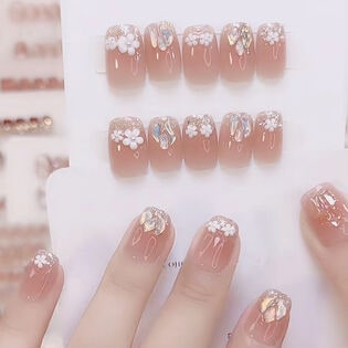 【24枚入】ネイルチップ ピンク×フラワー