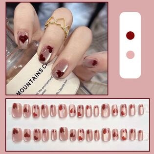 【24枚入】ネイルチップ ピンクマグ×ハートデザイン